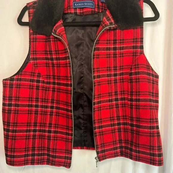 Karen Scott Womens Vest Multicolor Plaid Zip Faux Fur Collar Lined L Wool Blend - Picture 5 of 10